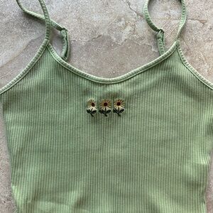 Green Ribbed Tank Top with Floral Embroidery